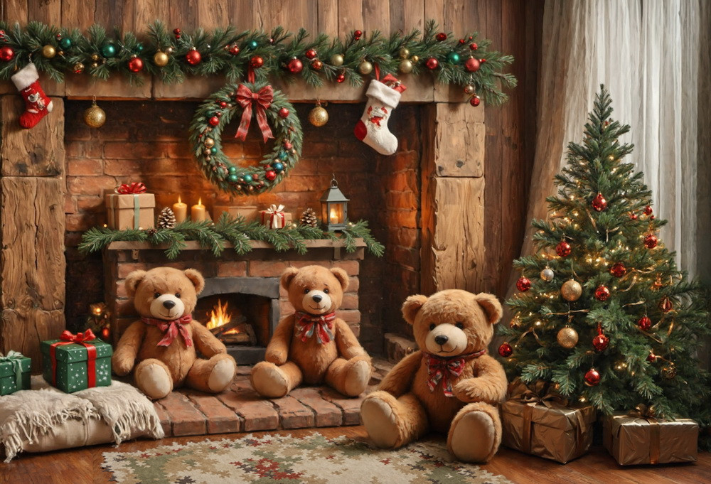 Backdrop "Teddy bears beside the fireplace"