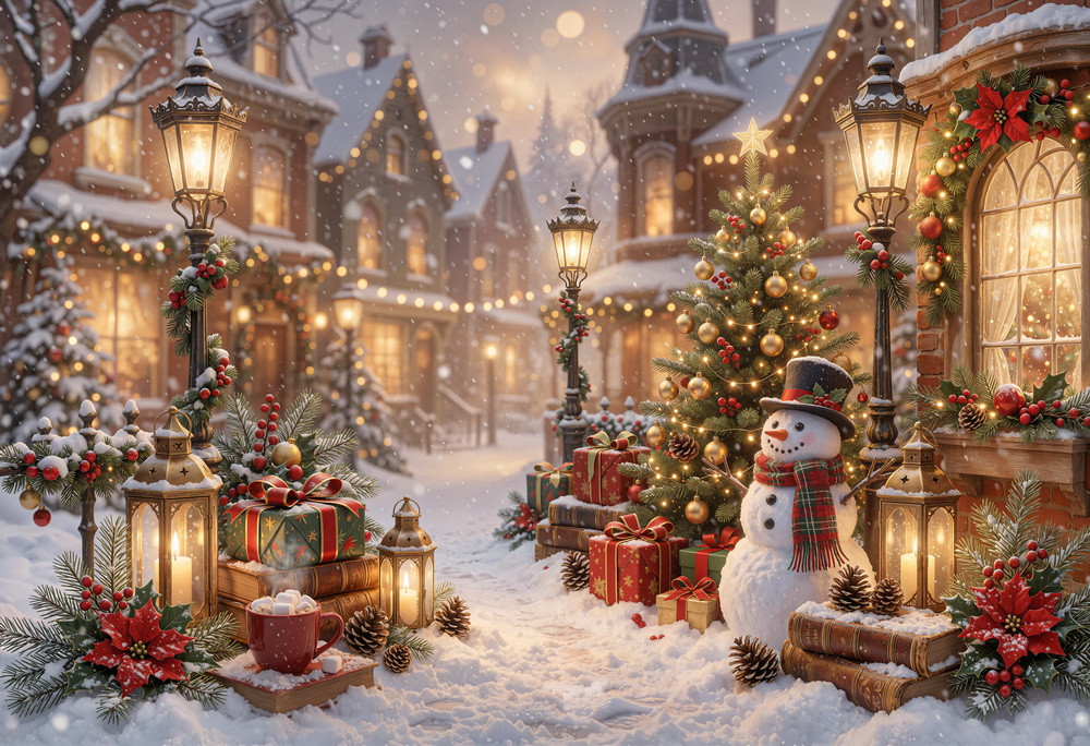 Backdrop "Snowman in a town" 